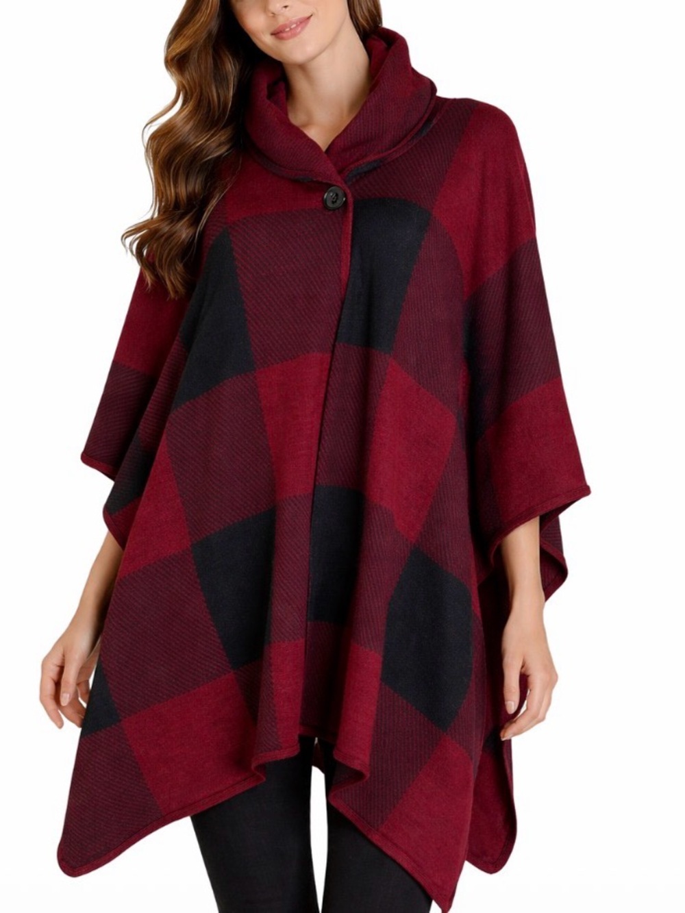 Kimberly C. Poncho one pocket red/black plaid NEW hooded no arm holes OSFM